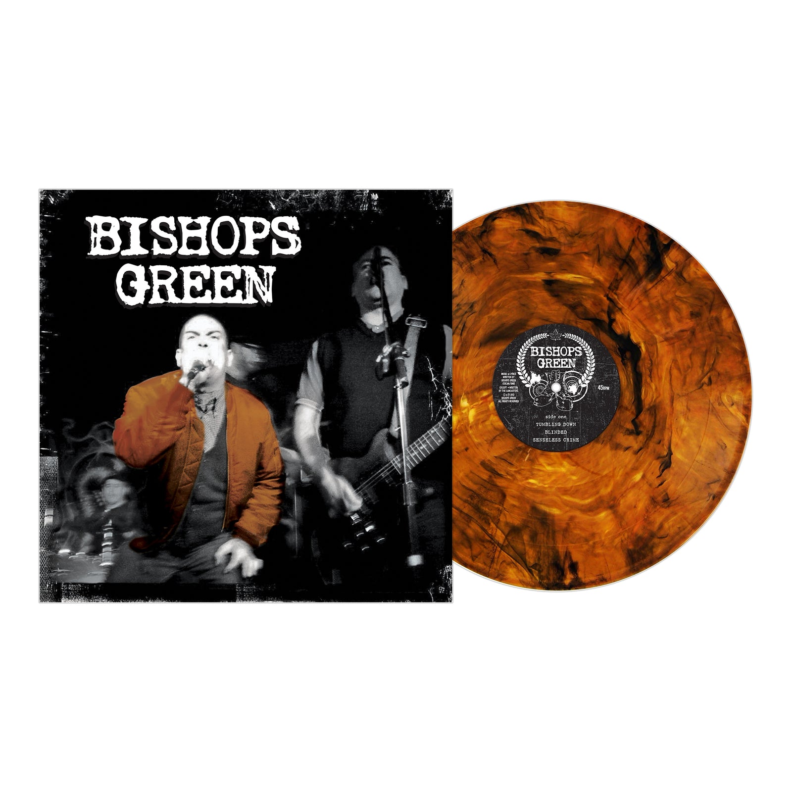 The image shows a Bishops Green vinyl record with a black and orange marbled design next to its album cover, which features a black-and-white photo of two band members performing, and the brand name Bishops Green at the top.