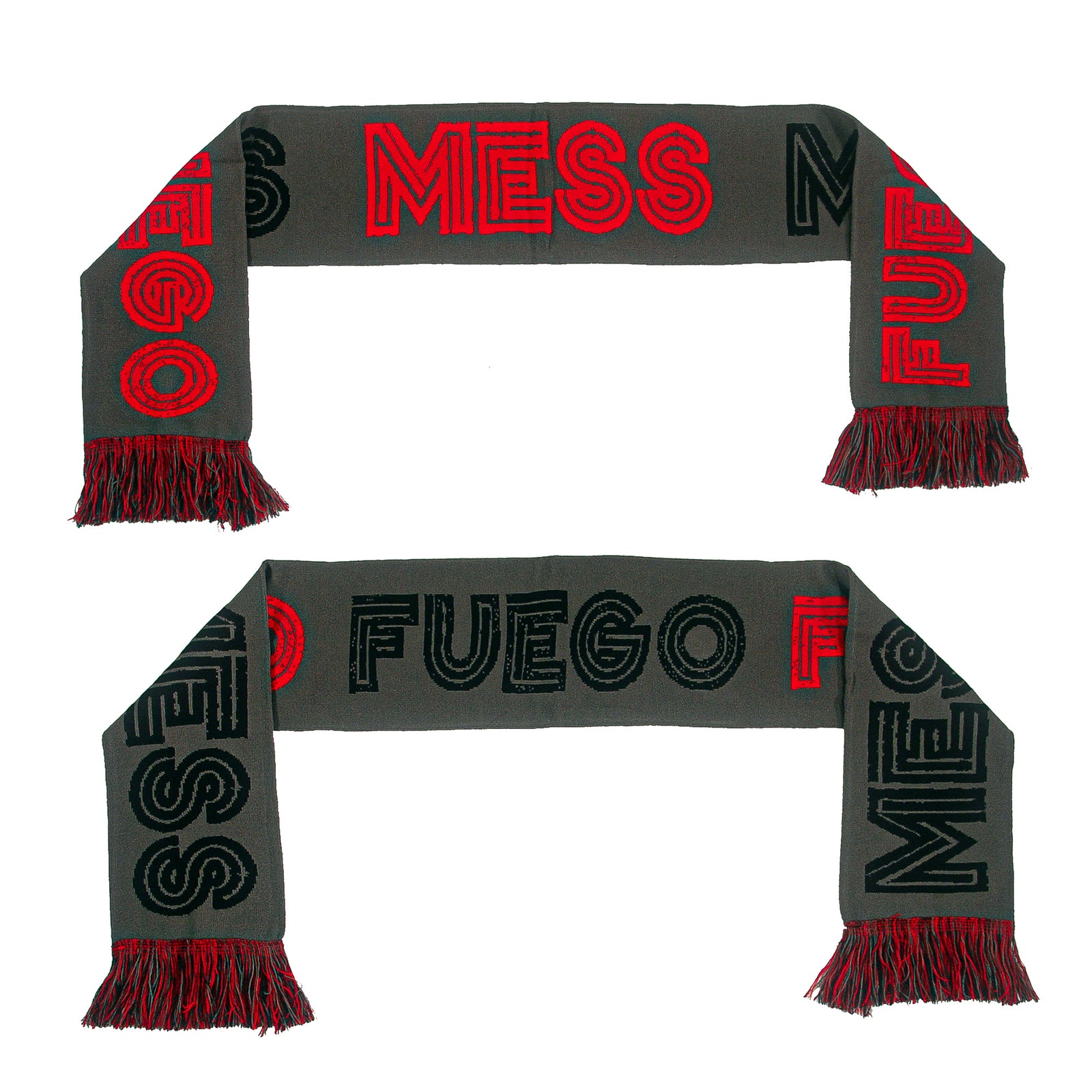 A vibrant Mess scarf with red and black fringe. One side features “MESS” and “FUEGO”; the reverse displays the same in bold black and red on a sleek gray background. Stand out with this statement accessory from Mess.