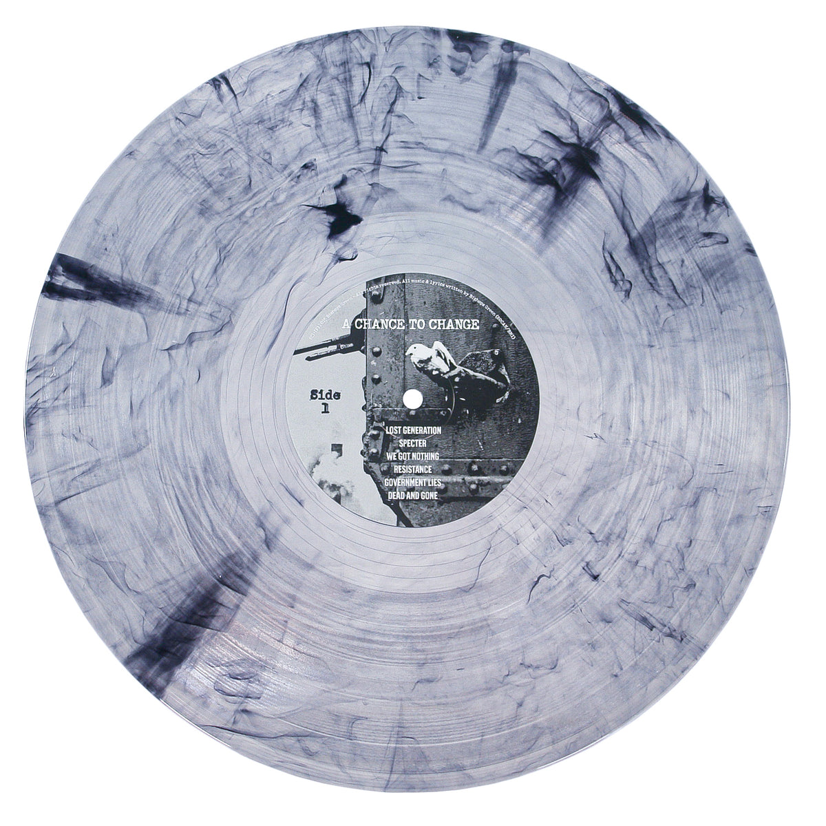 A marbled black and white vinyl record from Bishops Green, featuring a megaphone design on the center label with CHANCE TO CHANGE and track titles—an ideal addition to any punk or streetpunk collection.