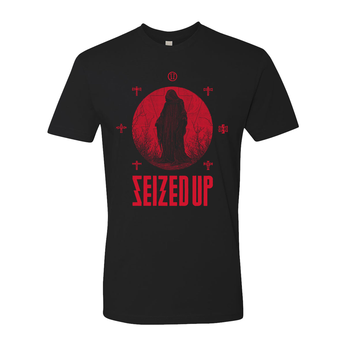 The Seized Up shirt features a striking red cloaked figure and bold SEIZED UP lettering on a black Next Level tee.