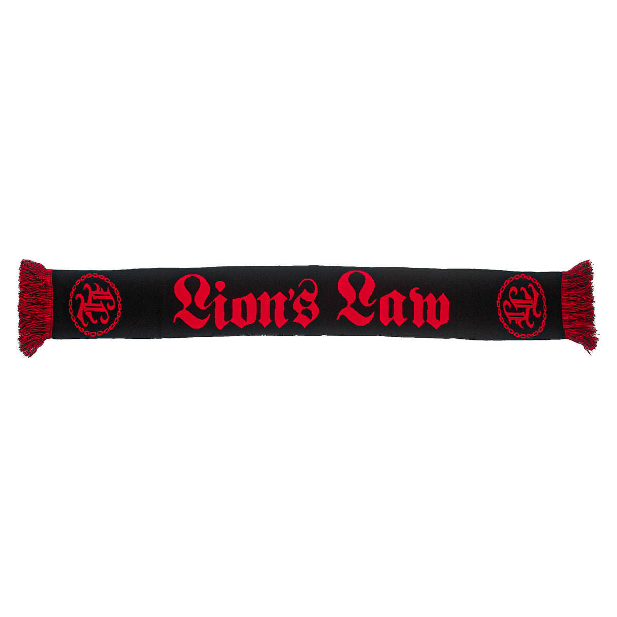 A black Lion&#39;s Law scarf featuring bold white lettering, red fringes, and circular red logos at each end—an ideal accessory for any Lion&#39;s Law fan.