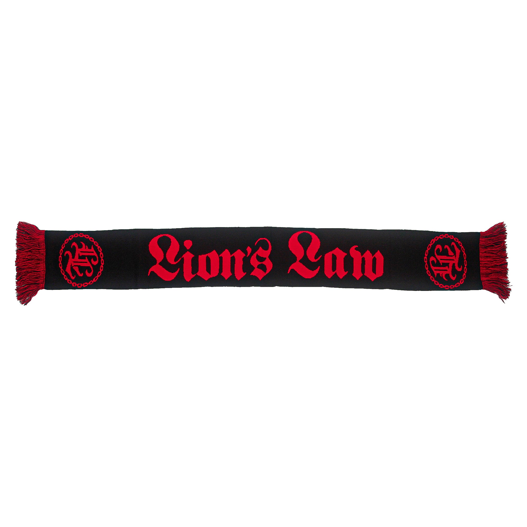A black Lion's Law scarf featuring bold white lettering, red fringes, and circular red logos at each end—an ideal accessory for any Lion's Law fan.