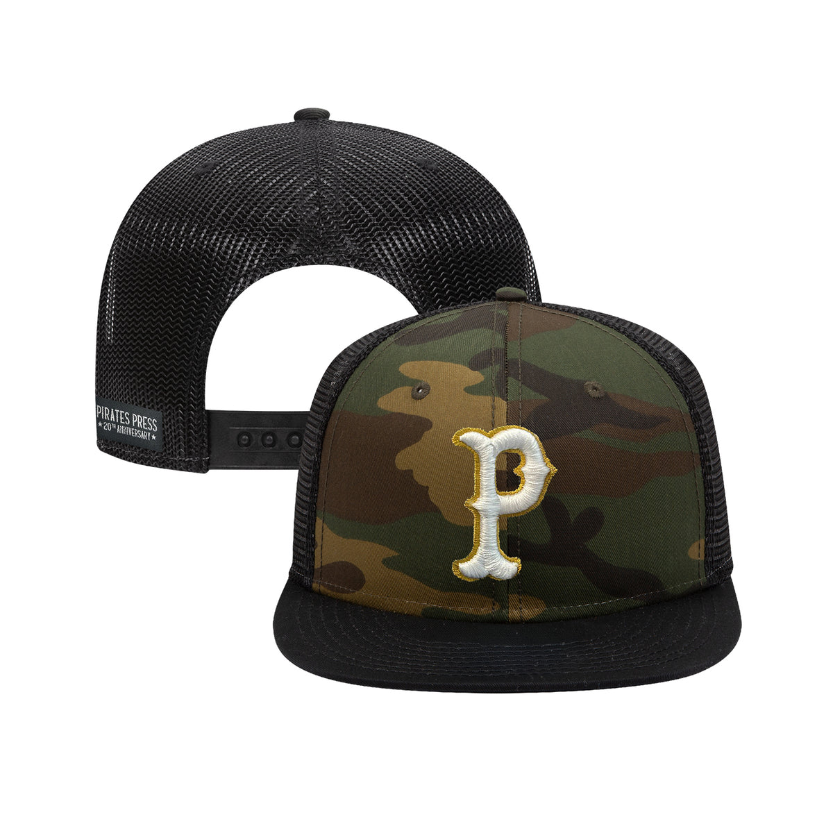 Two views of a Pirates Press Records snapback hat featuring a camouflage front, black mesh back, flat black brim, white and gold embroidered P logo, and an anniversary patch.