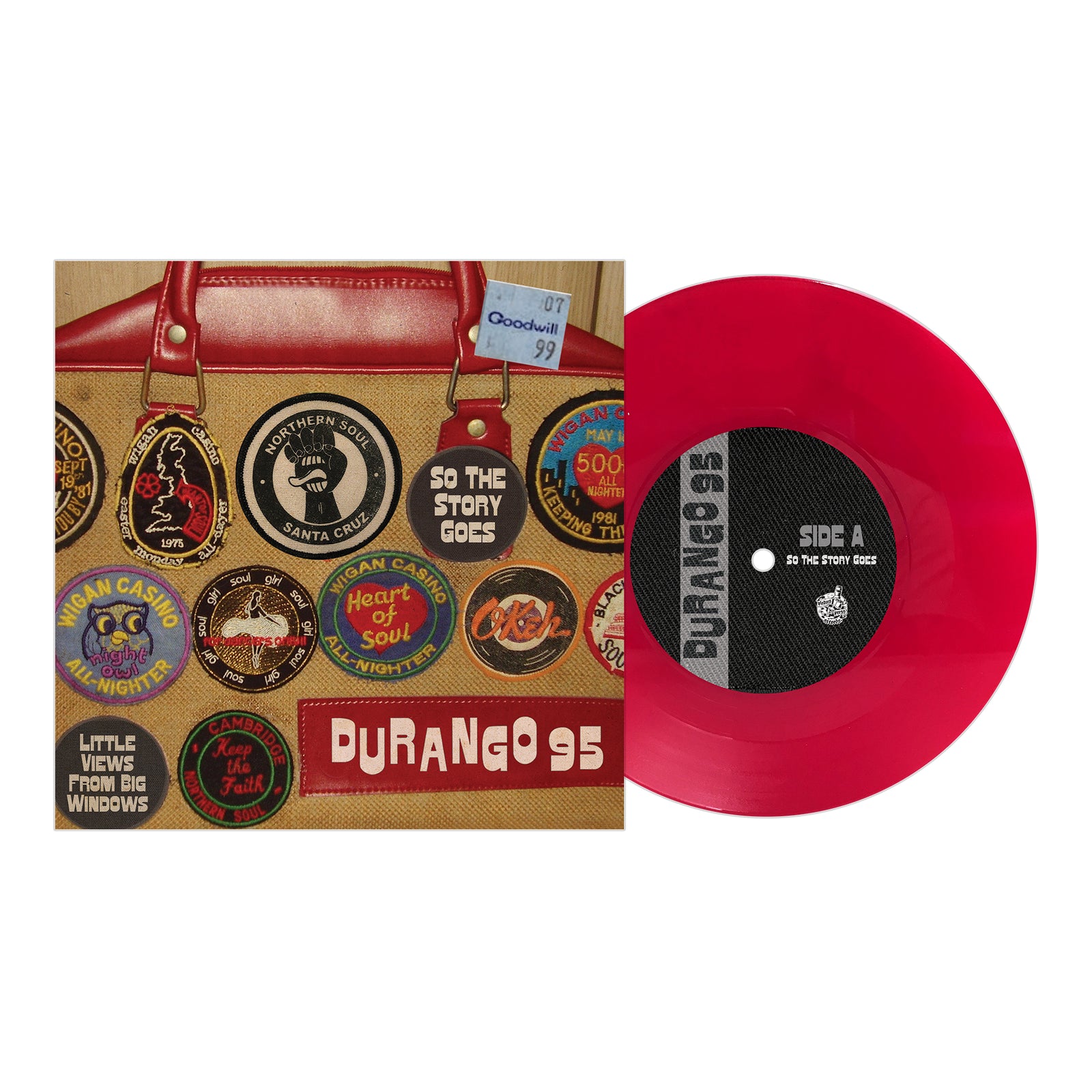 A BOOTSnBOOZE red vinyl record and its cover are shown. The cover shows a bag with colorful embroidered patches and “DURANGO 95,” reflecting skinheads/punks in Santa Cruz. The label reads SIDE A with track details.