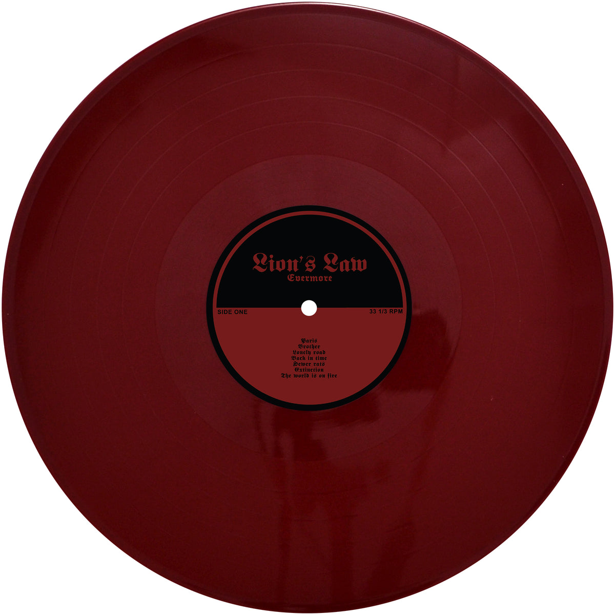 A maroon vinyl record by Lions Law features a black center label with the album title “Cemetery” and a red tracklist. This streetpunk LP is shown on a white background.
