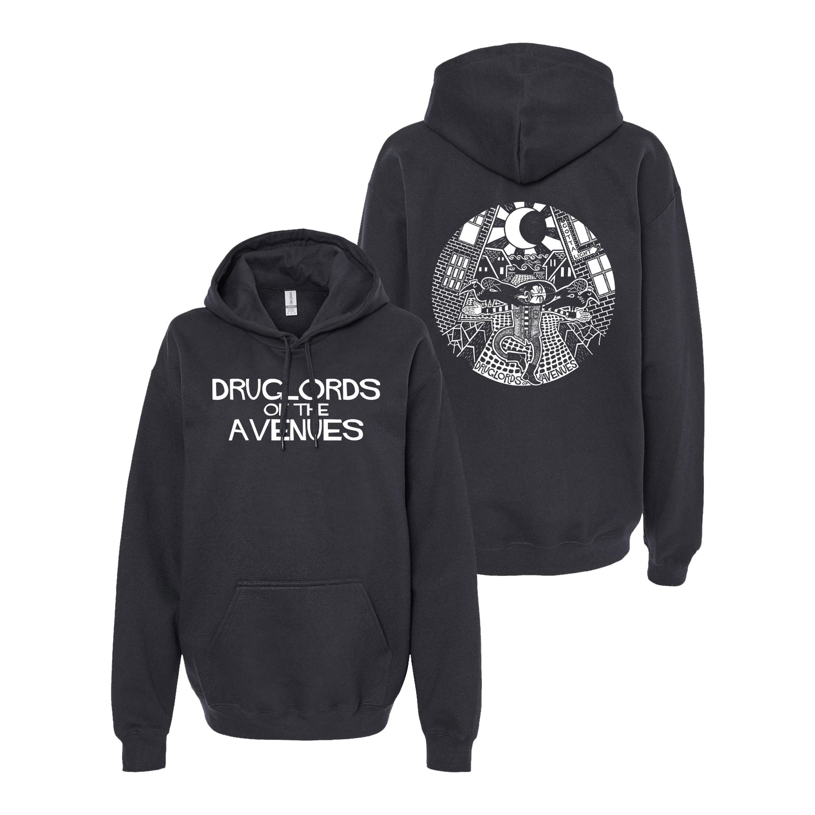 Black pullover hoodie from Druglords of The Avenues featuring bold white DRUG LORDS OF THE AVENUES text on the front and a circular black-and-white cityscape graphic with a crescent moon on the back.