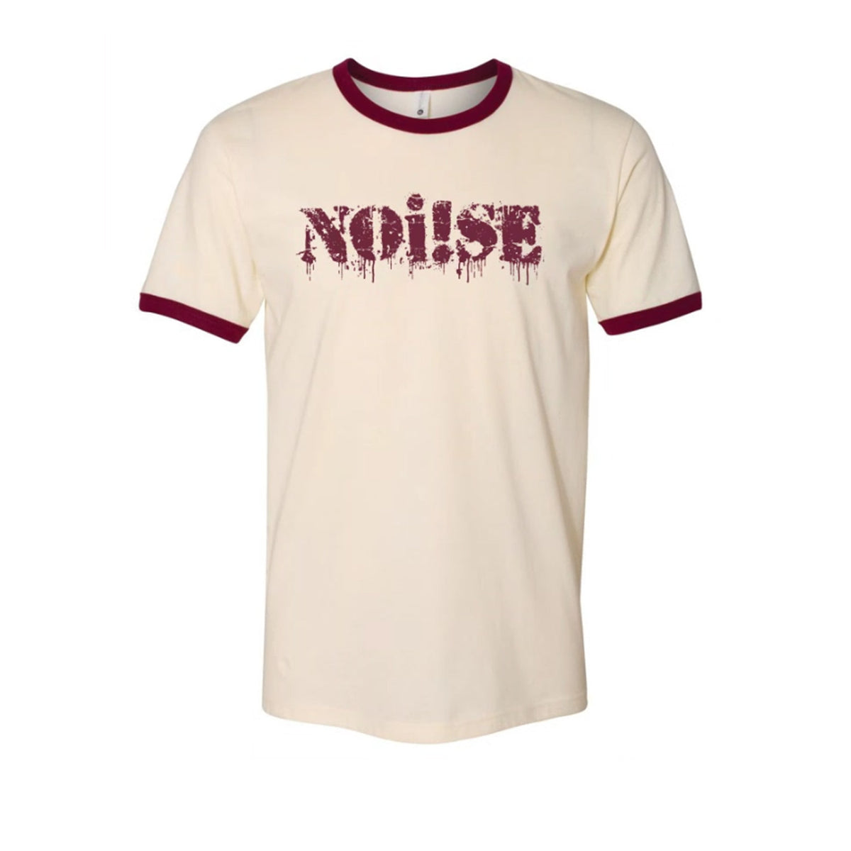 A cream-colored maroon ringer t-shirt by NOi!SE featuring a bold, distressed band logo across the chest and maroon collar and sleeve bands.