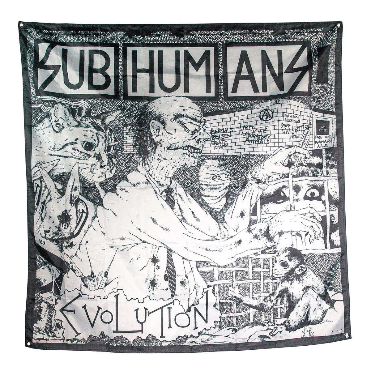 Subhumans Evolution Flag: Black and white illustrated band flag with SUBHUMANS at the top and EVOLUTION at the bottom, displaying mutant animals, a scientist, and a monkey in a lab—ideal for Subhumans fans.