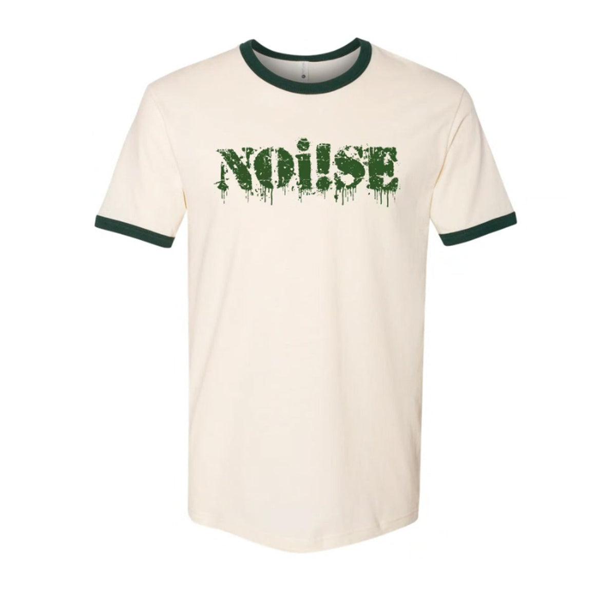 A cream-colored NOi!SE Green Ringer T-Shirt with dark green collar and sleeve bands features "NOi!SE" in a green, paint-splatter style font across the chest for a classic band logo shirt look.