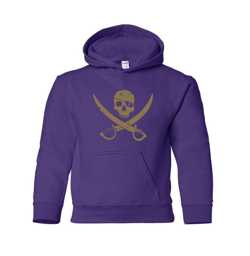 This Pirates Press Records Youth Pullover Hoodie features a light brown skull in a helmet above crossed swords, printed on purple with a front pocket and drawstring hood—perfect for any fan.