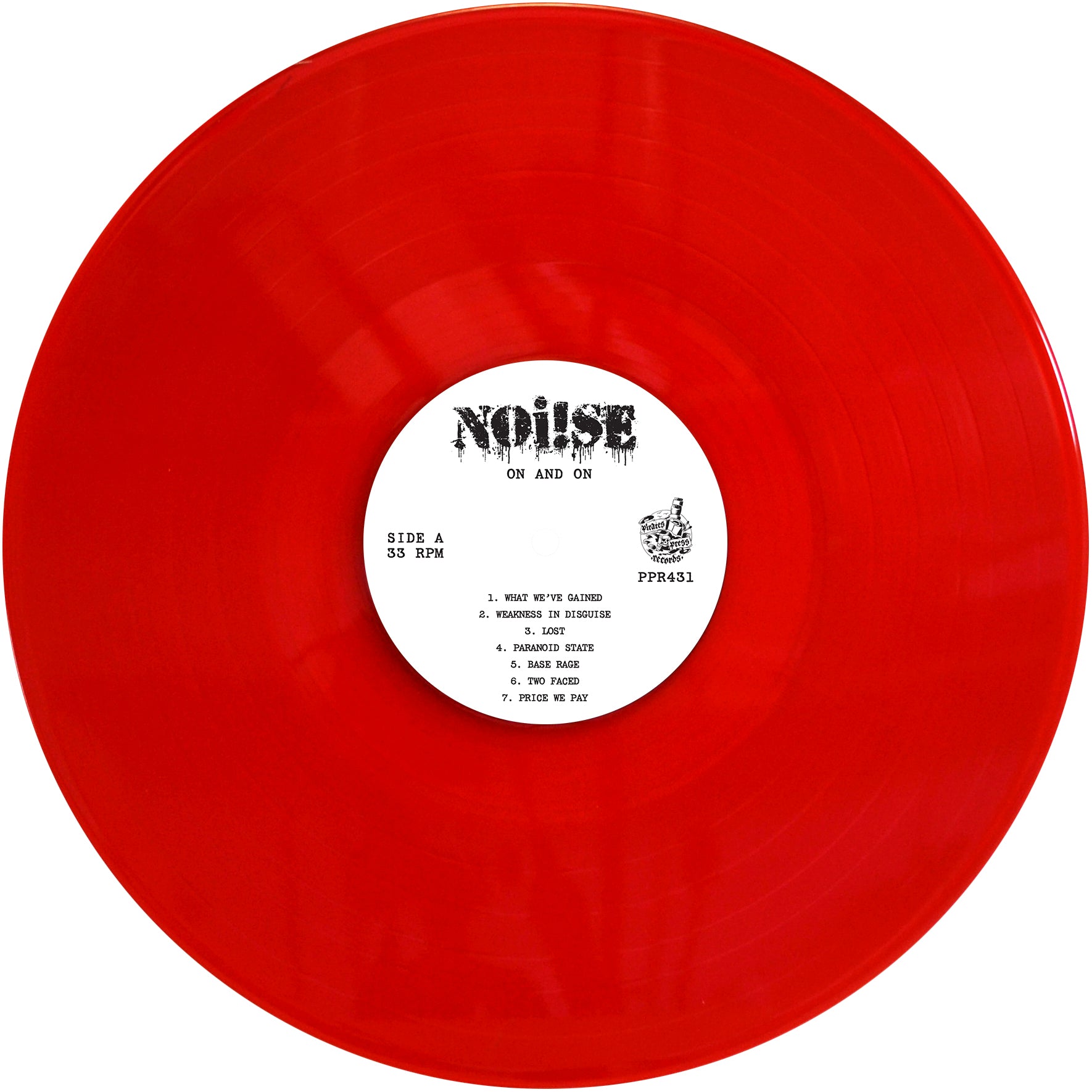 A bright red vinyl from NOi!SE features a white center label showing the album name "On and On," tracklist, a small graphic, and Side A marked to play at 33 RPM.