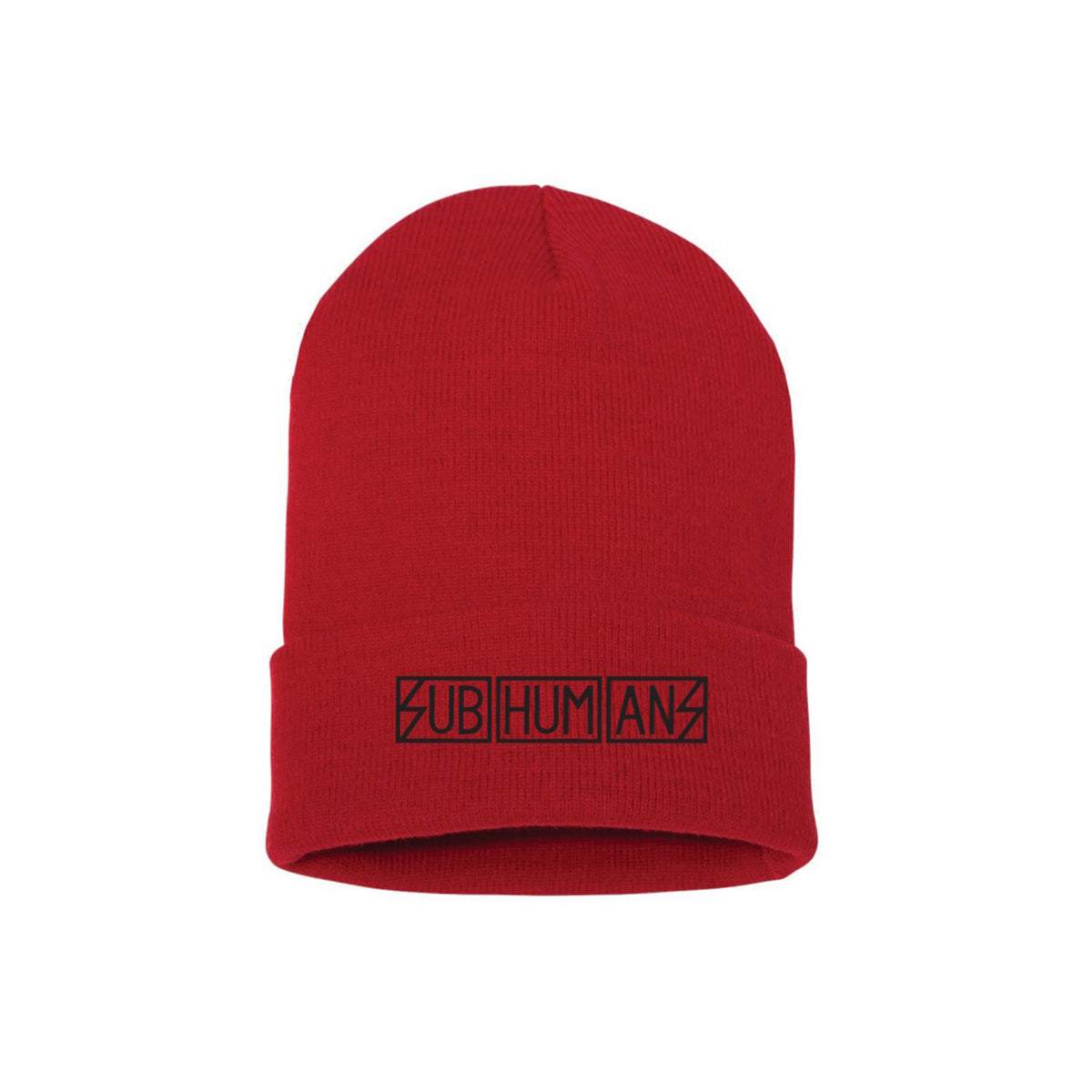 A red beanie by Subhumans featuring a bold black block-style &quot;SUBHUMANS&quot; text logo across the folded brim.