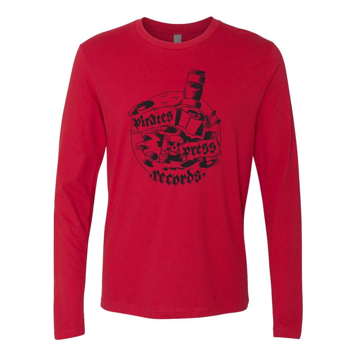 A Pirates Press Records long sleeve t-shirt in red with black ink, featuring a bold skull and crossed bottles graphic plus stylized text on the front.