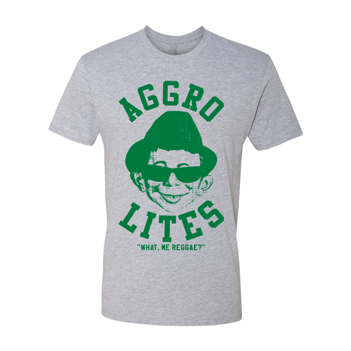 Heather grey shirt by The Aggrolites with bold Mad art: a green cartoon face in a hat and sunglasses, The Aggrolites above and WHAT, ME REGGAE? below for a vibrant reggae style.