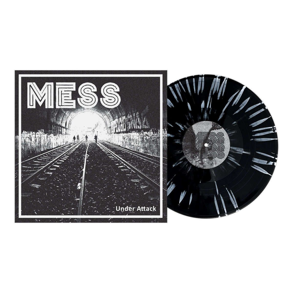 The black and white album cover for Mess - Under Attack, a streetpunk and Oi! band from Guadalajara, features railroad tracks into a tunnel with figures; next to it is a black vinyl with white splatters. Brand: Mess.