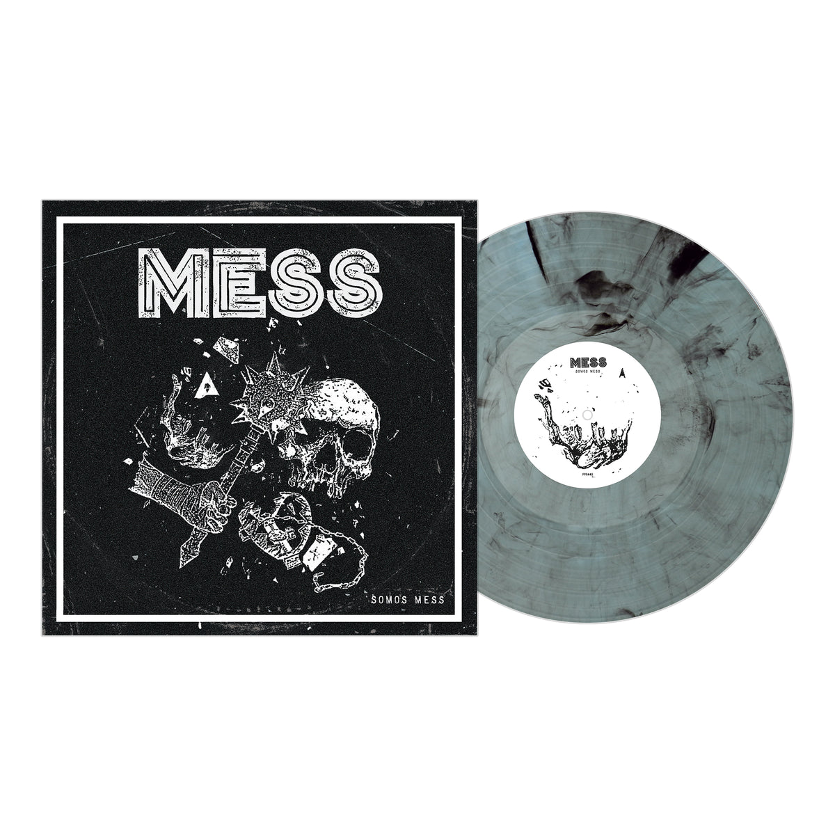 Marbled gray-and-black vinyl record beside its album cover showing "MESS," a spiked club, skull, and debris on black—part of the Mess vinyl collection from Guadalajara punk band Mess on Pirates Press Records.