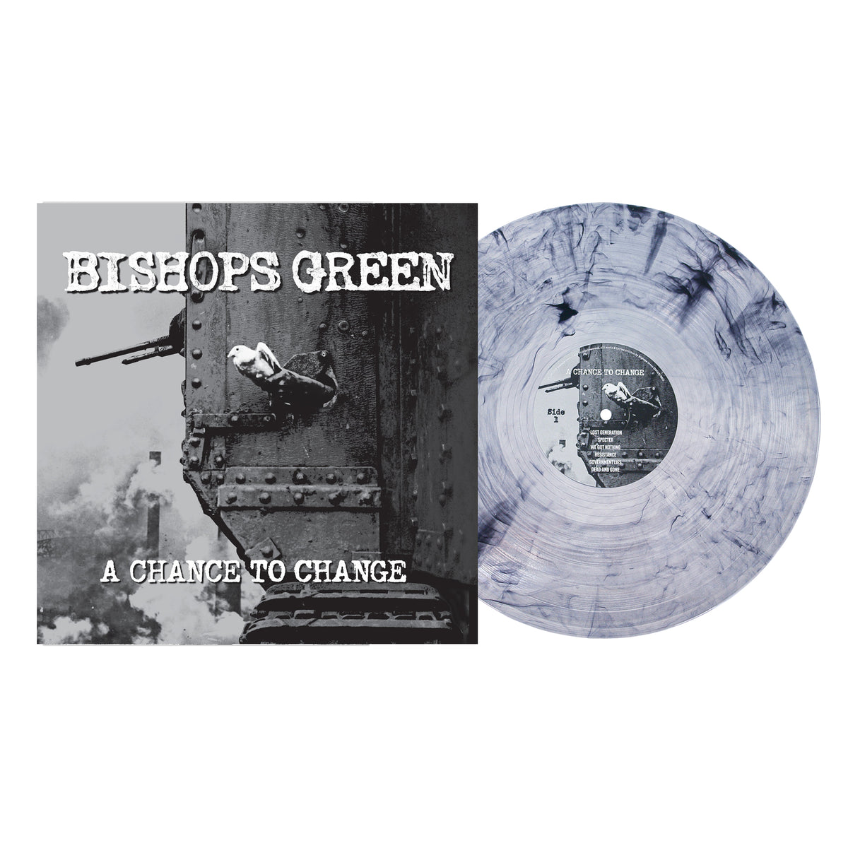 A marbled grey vinyl record sits beside its cover, which shows a black-and-white photo of a man leaning out of a train door. The text reads Bishops Green—essential for any streetpunk or punk rock fan.