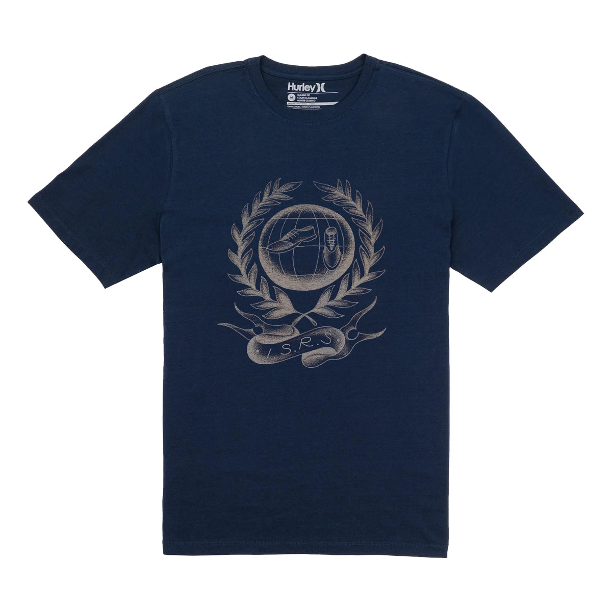 Suedehead navy blue short-sleeve crew neck t-shirt featuring a cream on navy laurel wreath, globe, and surfboard graphic by Dan Smith Design, with an ISRS initials banner below.