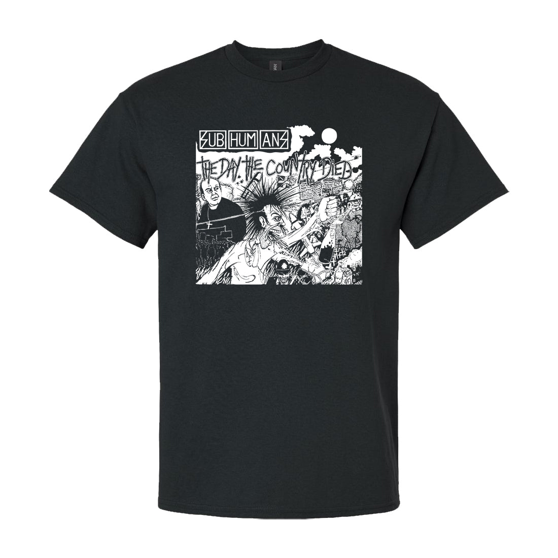 A black Subhumans T-shirt featuring album art from “The Day The Country Died,” with a white graphic and text above chaotic, cartoon-style illustrated faces and figures.