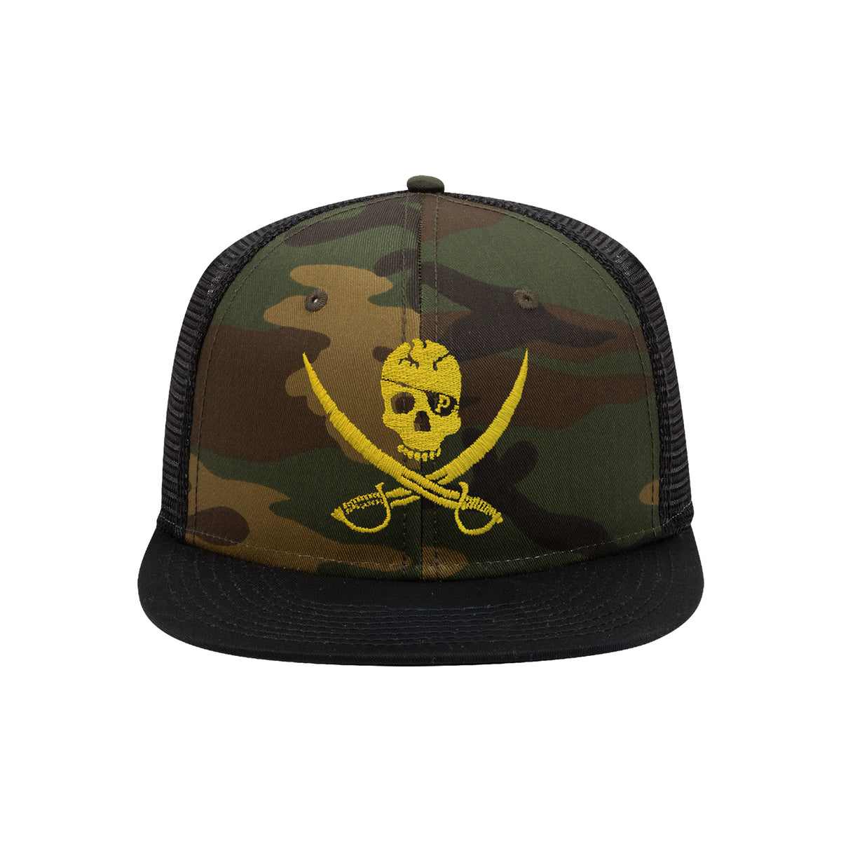 A Pirates Press Records camo trucker hat featuring a yellow skull and crossbones with crossed pipes embroidered on the front panel and a black mesh back.