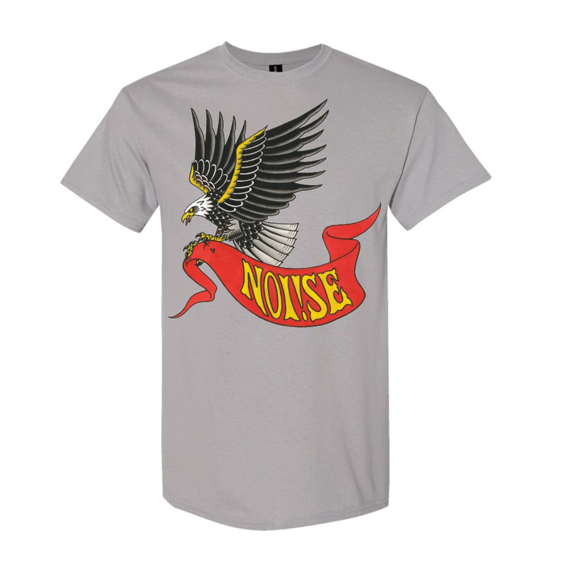 Gray Gravel T-shirt by NOi!SE featuring a soaring eagle graphic holding a red banner with &quot;NOi!SE&quot; in bold yellow letters and black outline.