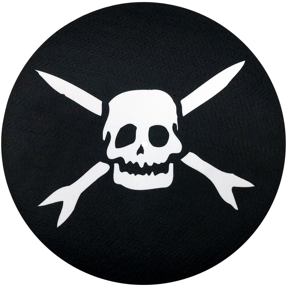 A black circular flag with a white skull in the center, two white spears crossed behind it—ideal for DJ slipmats or fans of the Teenage Bottlerocket signature style.