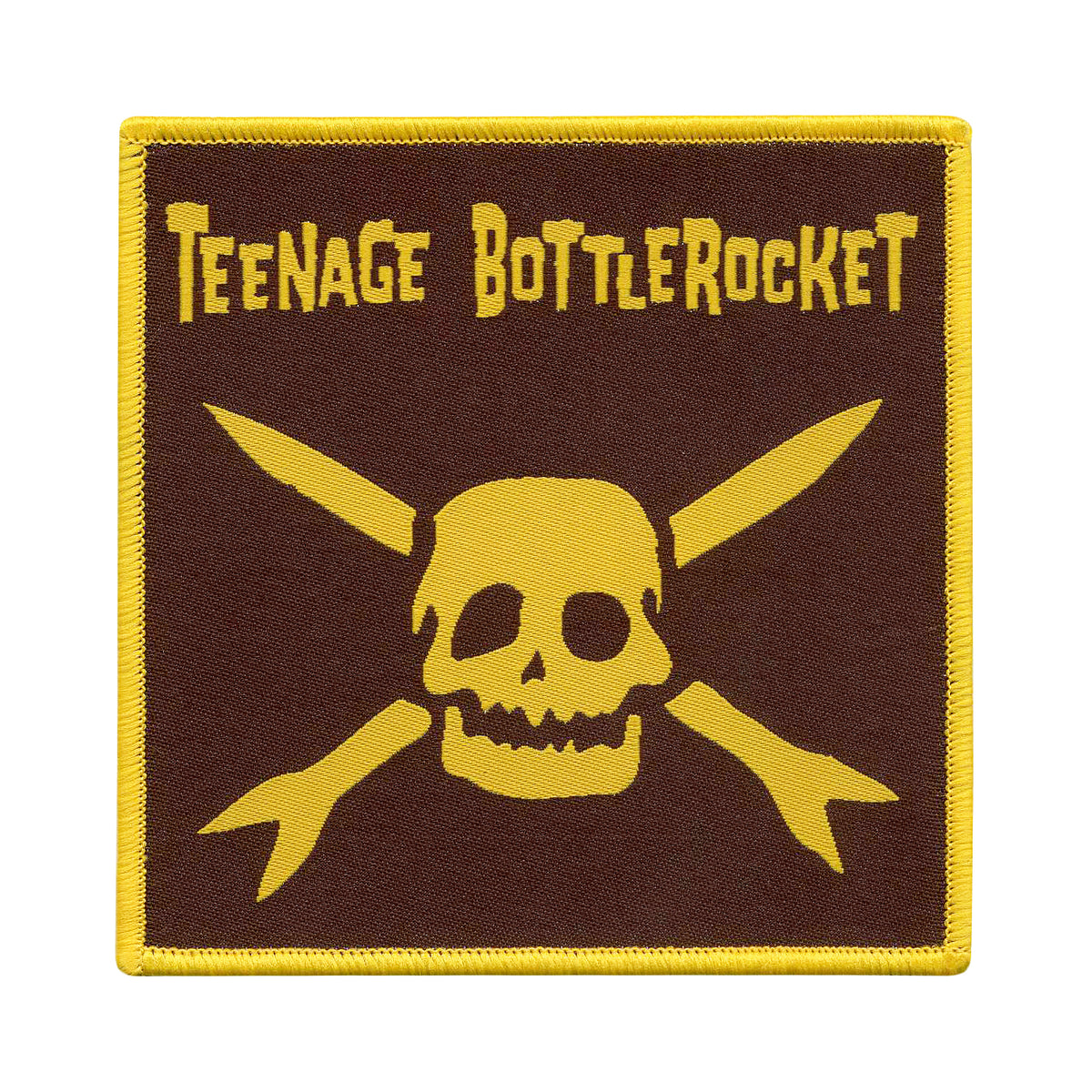 A 4 x 4 brown square patch with yellow trim featuring a rocket-shaped yellow skull and crossbones, plus Teenage Bottlerocket in a stylized font at the top. Brand: Teenage Bottlerocket.