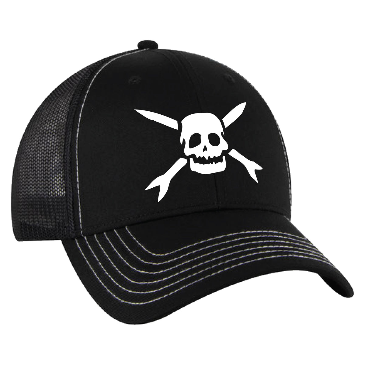 A black Teenage Bottlerocket snapback hat with white stitching and an embroidered white skull and crossed spears design on the front panel.