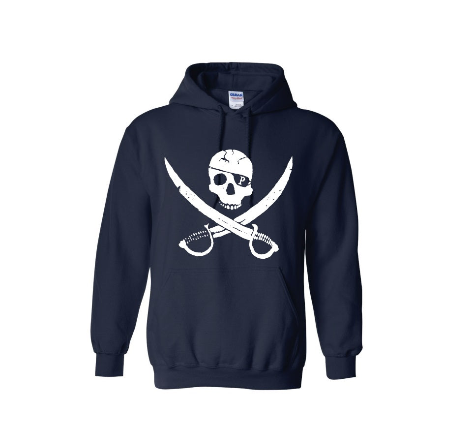 The Pirates Press Records navy blue Pullover Hoodie showcases a bold white skull with bandana and eye patch above crossed pirate swords—a classic Pirate Logo Hoodie for true fans.