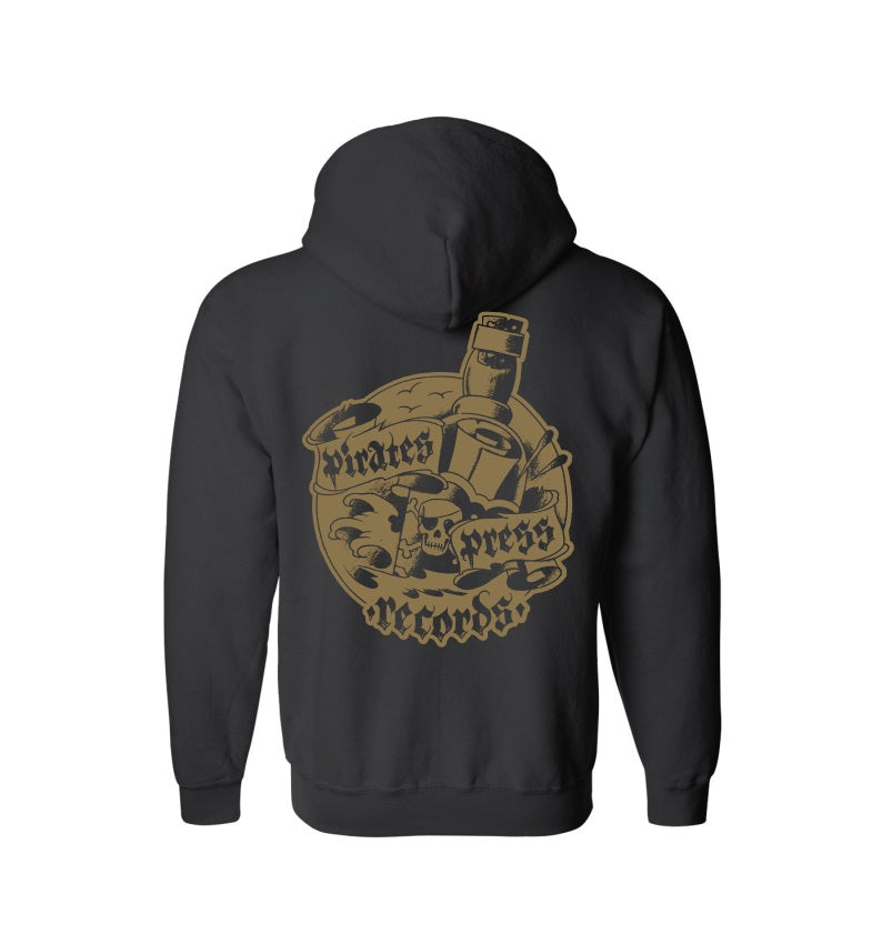 This Pirates Press Records black hoodie features a large gold pirate logo on the back, along with nautical images such as an anchor, bottle, and skull.