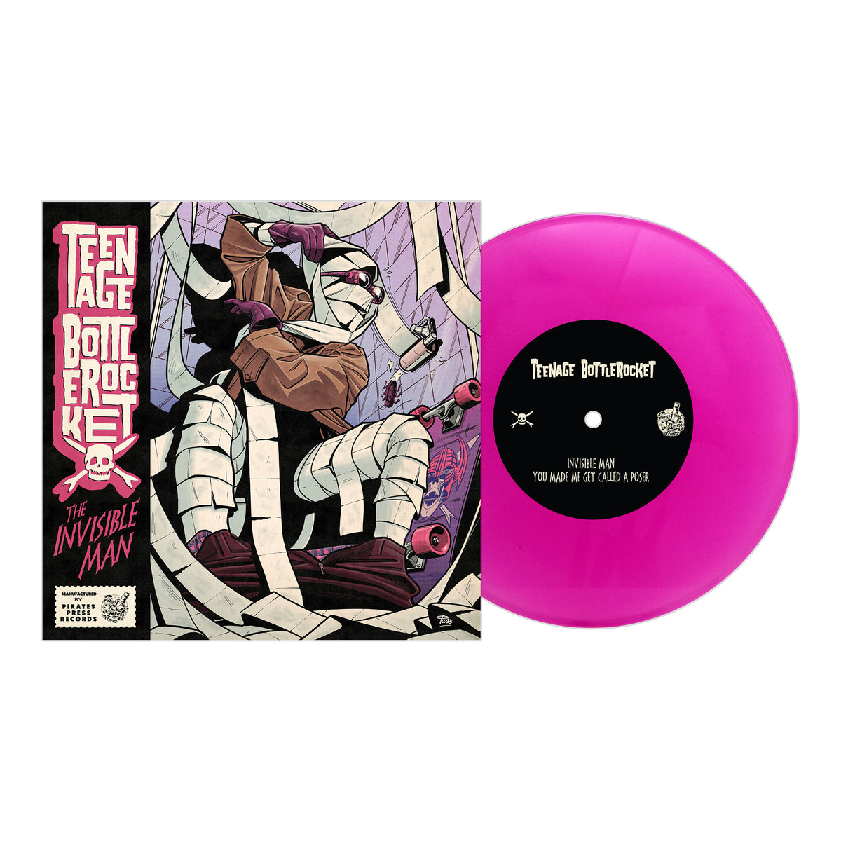 A pink 7” vinyl with a black center label lies next to its cover, which shows comic-style art of a bandaged skateboarder. The text reads "Teenage Bottlerocket - The Invisible Man EP." Brand: Teenage Bottlerocket.