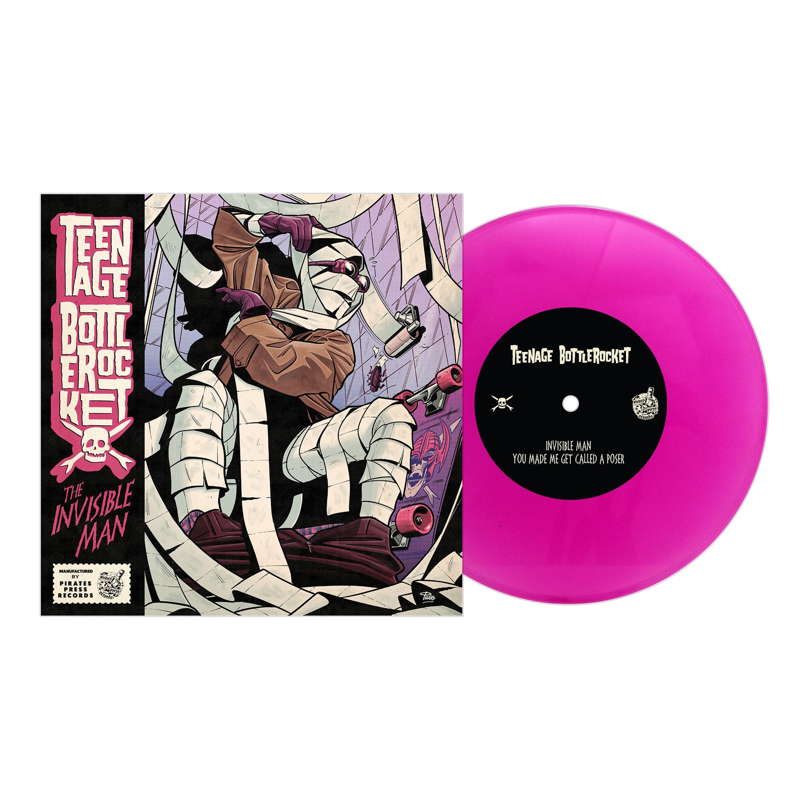 A pink 7” vinyl with a black center label lies next to its cover, which shows comic-style art of a bandaged skateboarder. The text reads "Teenage Bottlerocket - The Invisible Man EP." Brand: Teenage Bottlerocket.