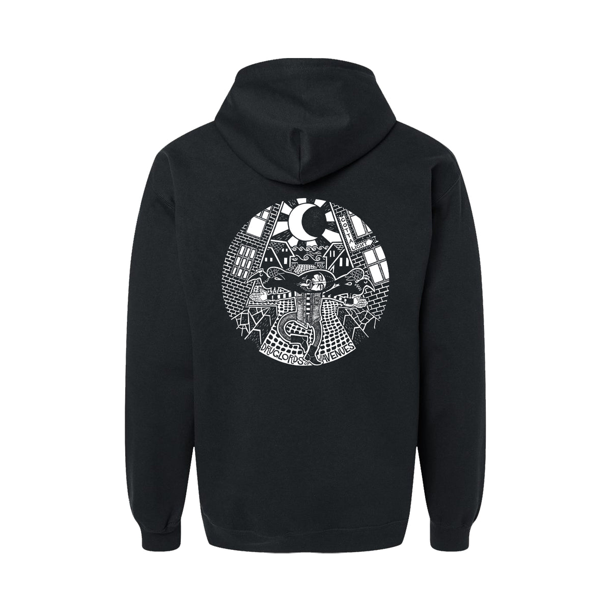 Black zip-up hoodie from Druglords of The Avenues featuring a white, intricate back graphic with a central figure, cityscape, crescent moon, stars, and geometric details—part of their bold collection.