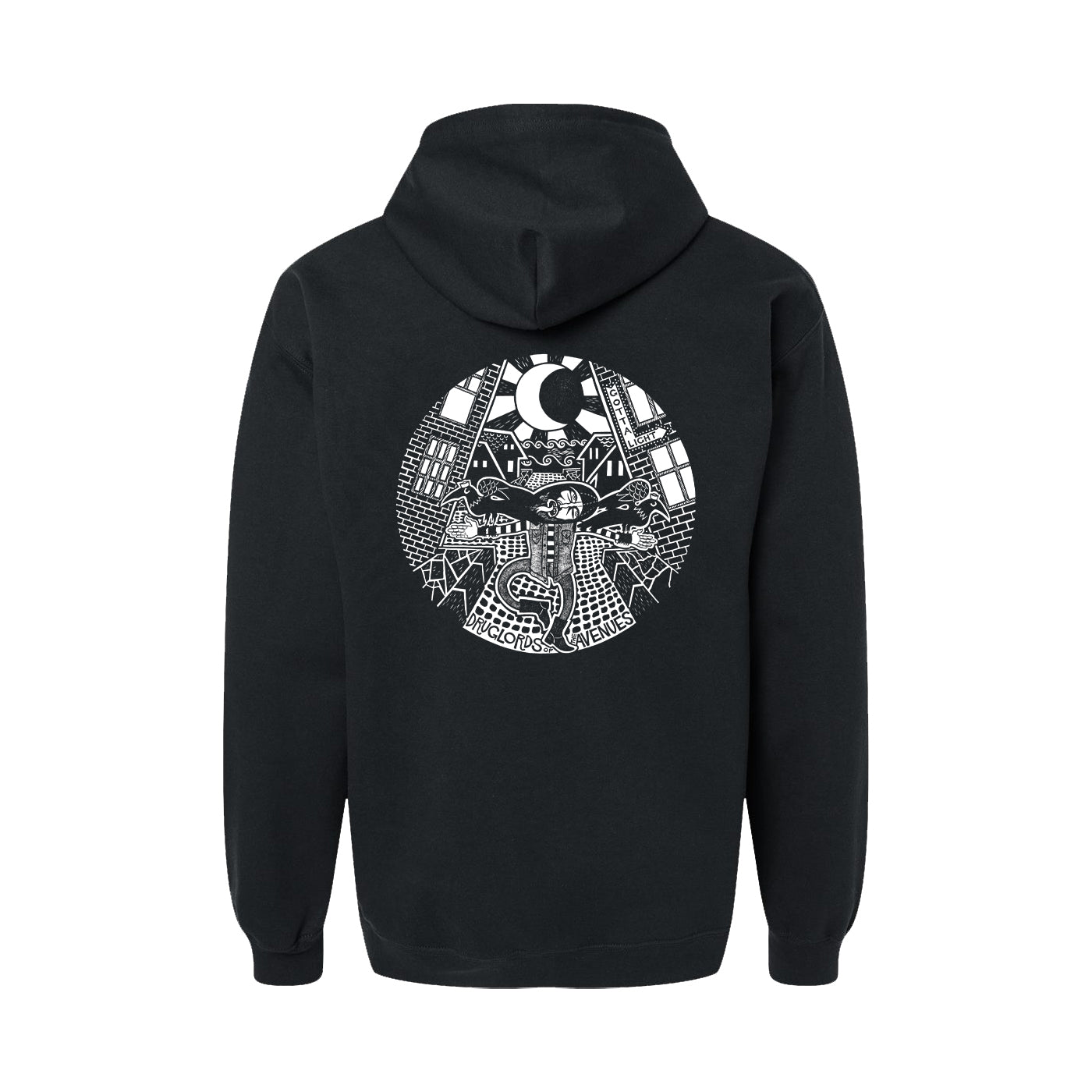 Black zip-up hoodie from Druglords of The Avenues featuring a white, intricate back graphic with a central figure, cityscape, crescent moon, stars, and geometric details—part of their bold collection.