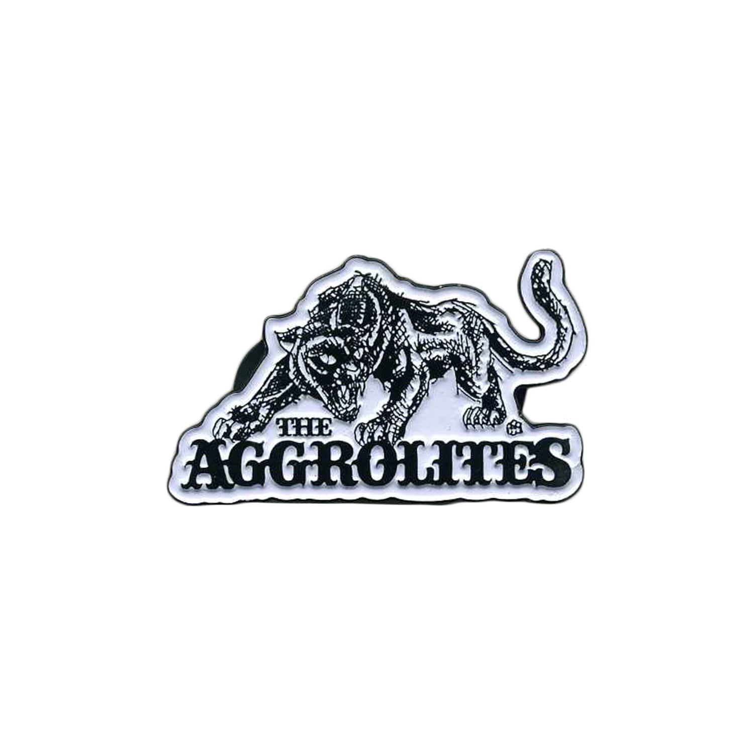 A black and white illustration of a snarling, crouched tiger above bold "The Aggrolites" text features on this enamel pin or badge by The Aggrolites, set against a white background.