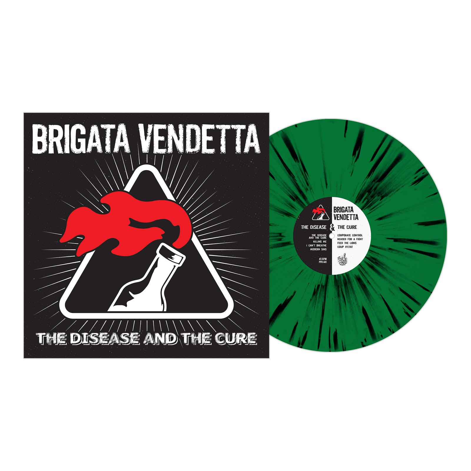 A green and black splatter vinyl by Brigata Vendetta sits beside its cover, showing a flaming Molotov cocktail and the title "The Disease and The Cure," released by Bay Area punk label Pirates Press Records.