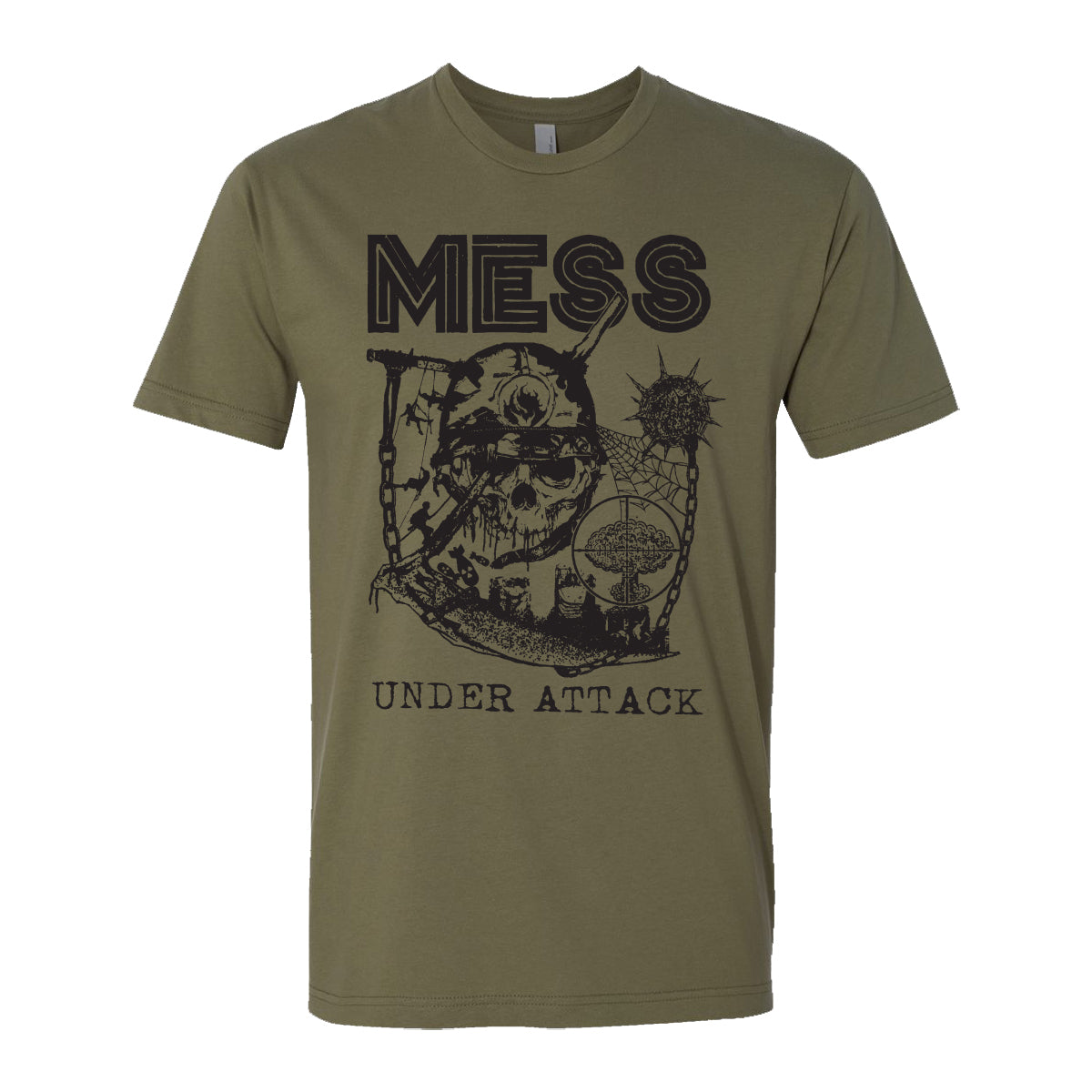 The Mess Military Green Next Level 3600 t-shirt features “MESS” at the top, an intricate black skull graphic with unique elements, and “UNDER ATTACK” boldly displayed at the bottom.