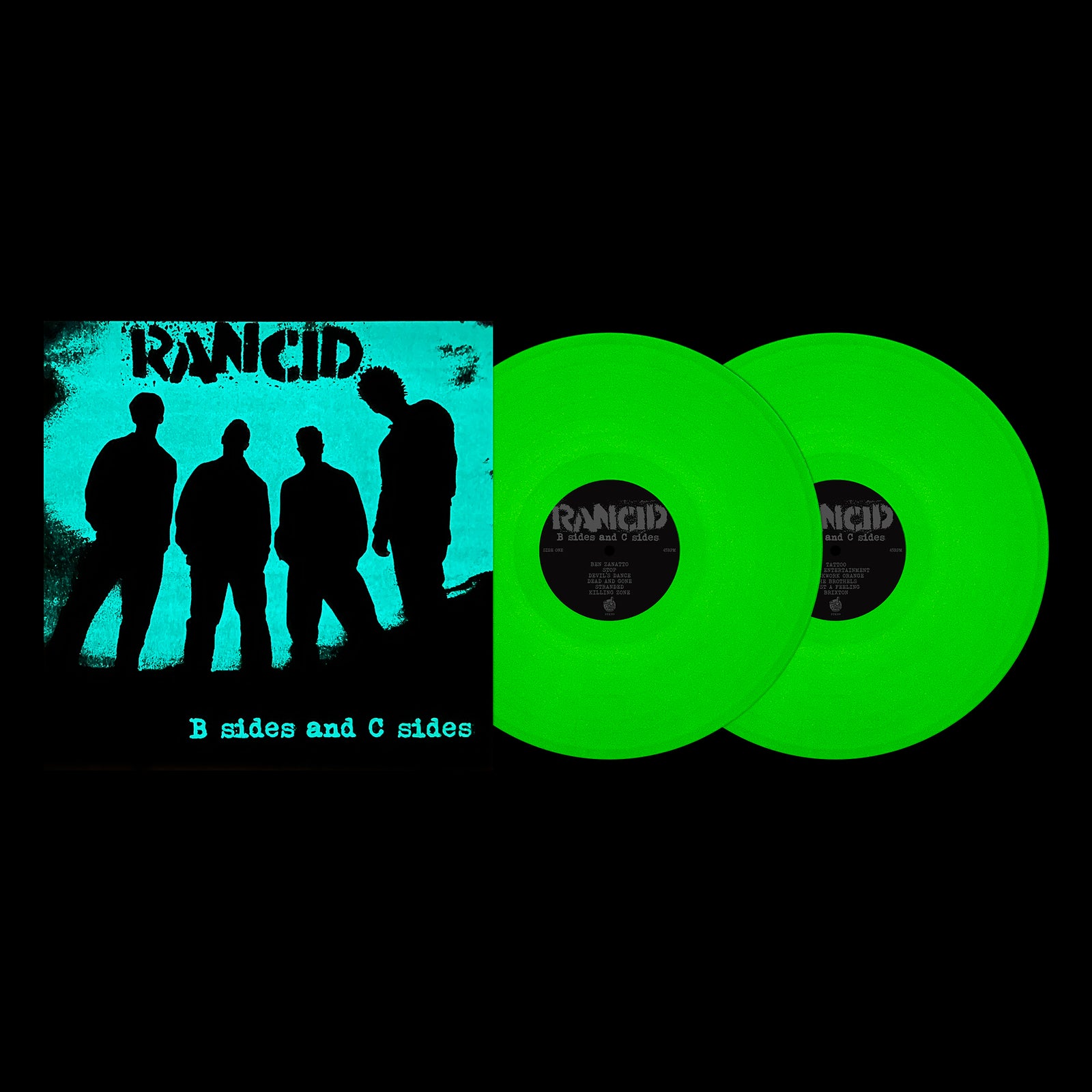 The album cover for Rancid’s B Sides and C Sides shows four silhouettes against turquoise, with two bright green vinyl records on the right—a bold homage to this classic punk compilation by Rancid.
