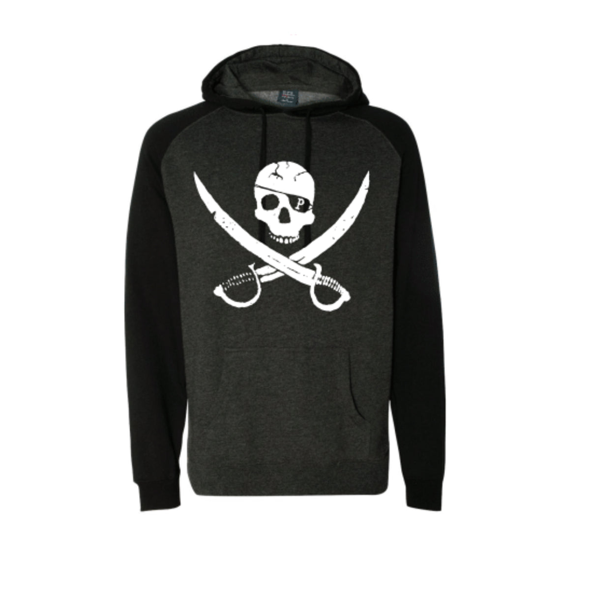 A dark gray and black Pirates Press Records hoodie with a white skull and two crossed swords pirate flag design on the chest.