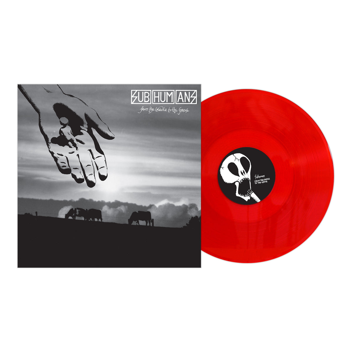 A red Vinyl LP from Subhumans sits by the From The Cradle To The Grave album cover, which shows a black-and-white hand over silhouetted horses beneath a cloudy sky.
