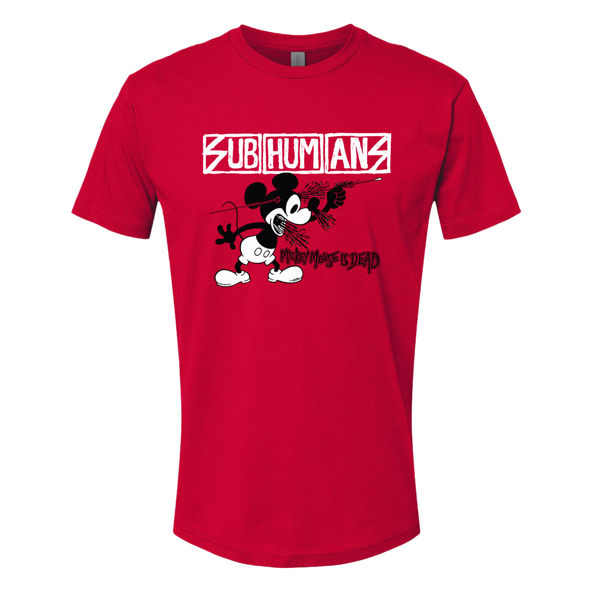 Subhumans red punk T-shirt with SUBHUMANS in a white box at the top, an illustrated cartoon mouse holding a rose, and Mickey Mouse is Dead below.