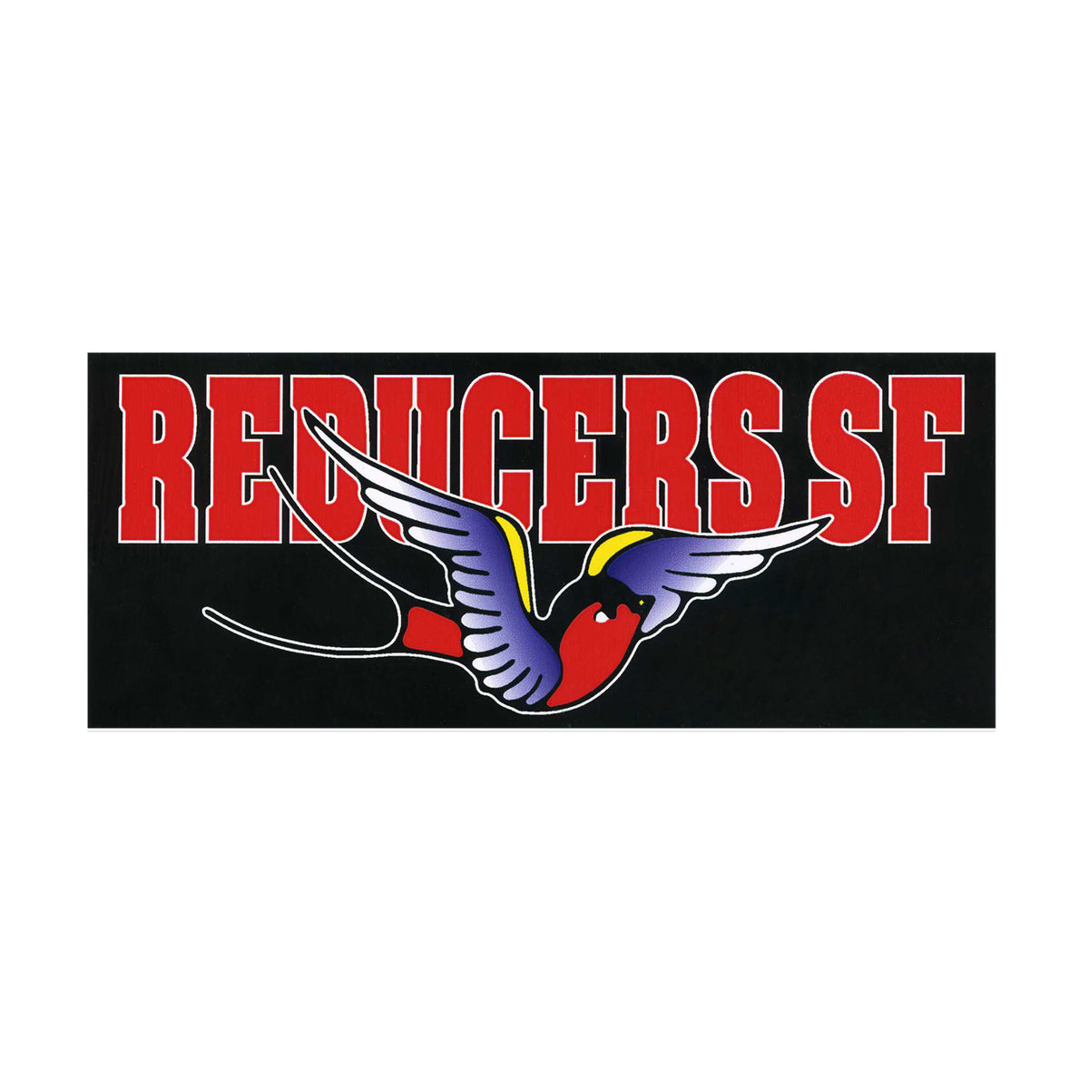 A black rectangle features bold red text that reads &quot;Reducers S.F,&quot; the brand name. A vibrant swallow with blue, purple, yellow, and red feathers soars across the text.
