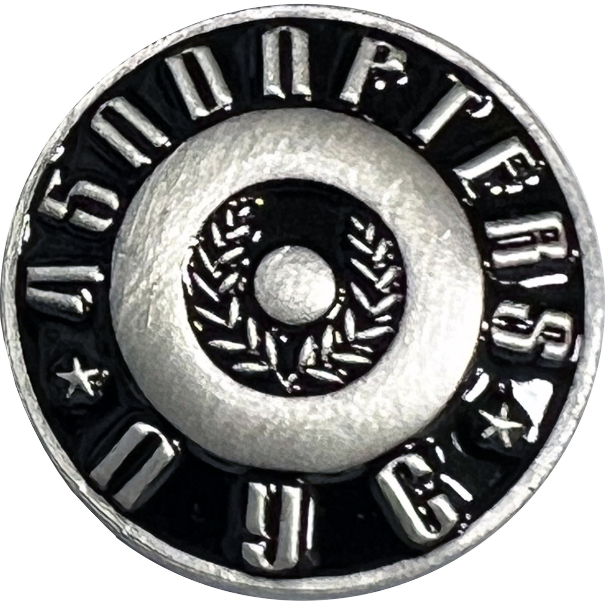 A round, silver and black domed enamel pin by 45 Adapters with “1500” and “PTS” in bold, a laurel wreath center, two stars at the bottom edge, and the iconic 45 Adapters logo.