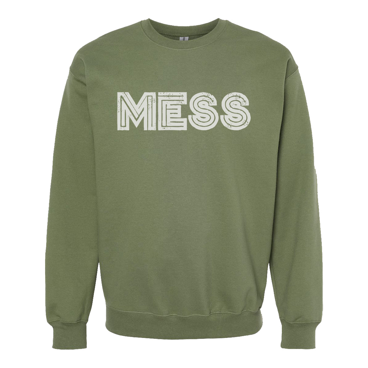 A military green Mess crewneck sweatshirt featuring bold, white-outlined “MESS” letters across the chest—a stylish and comfortable logo design from Mess.