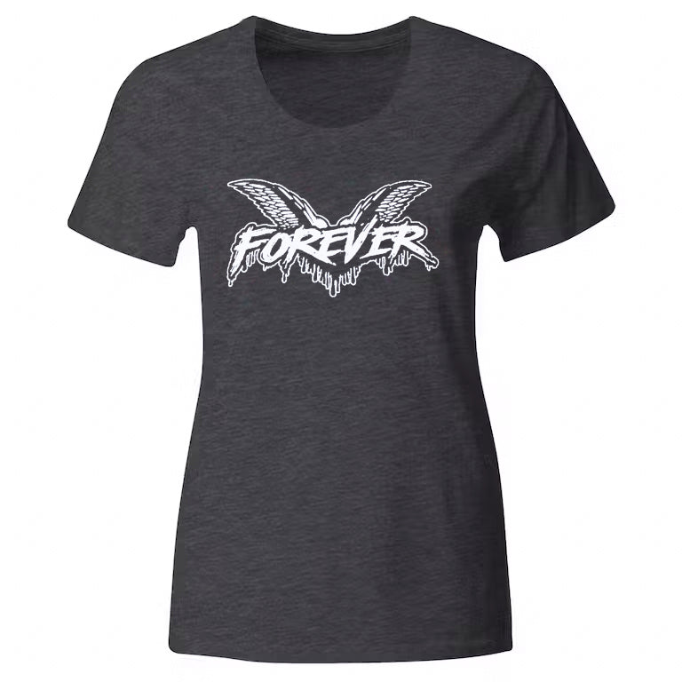 A women’s Charcoal Heather fitted tee by Cock Sparrer, featuring bold white graffiti-style “FOREVER” text with illustrated wings, inspired by the band’s iconic punk attitude.