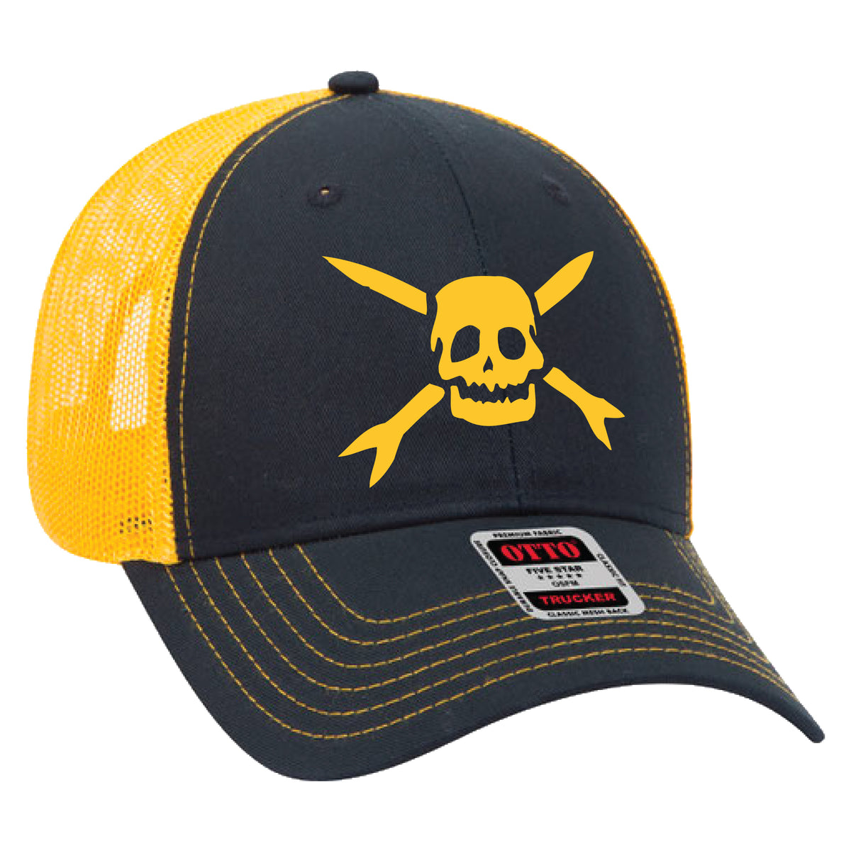 The Teenage Bottlerocket snapback hat features a black and yellow design with yellow stitching, mesh back, and an embroidered yellow skull and crossed arrows logo on the front.