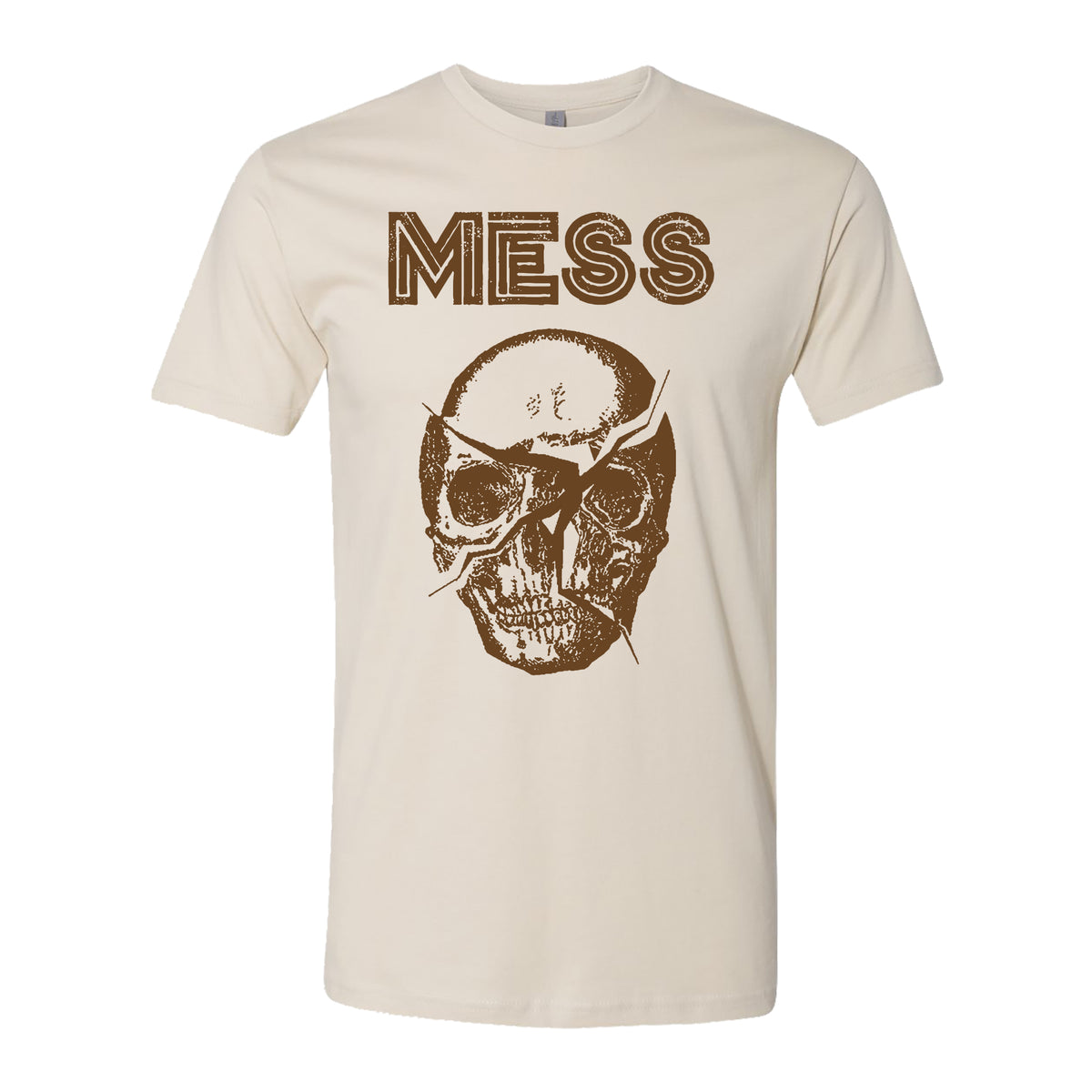 Beige Mess Next Level 3600 shirt with “MESS” in bold brown ink over a large, distressed brown skull graphic at the center.