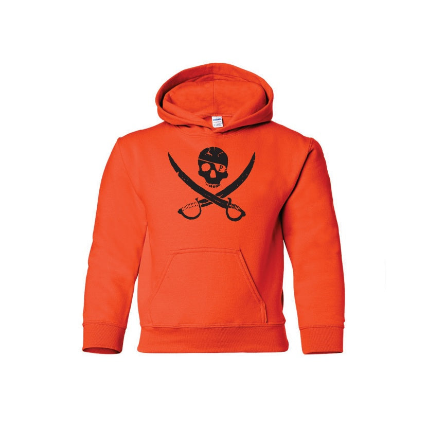 Youth pullover hoodie by Pirates Press Records in bright orange with a bold black skull and crossed swords pirate logo on the chest, shown on a plain white background—ideal for any fan.