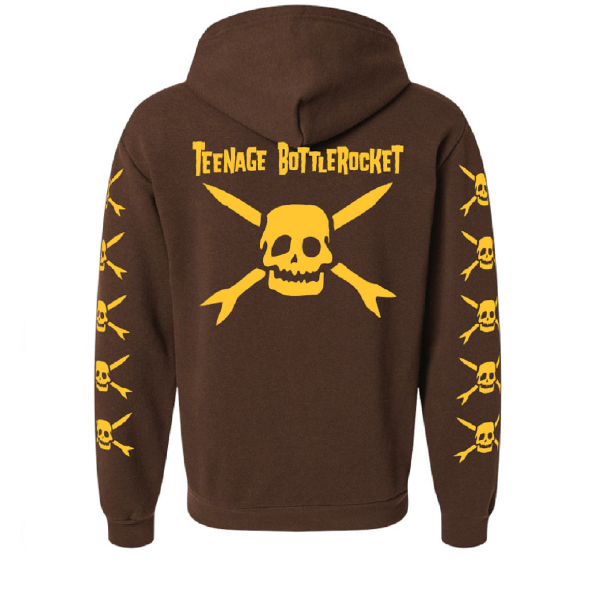 A brown Teenage Bottlerocket zip-up hoodie with yellow skull and crossed bottle rocket graphics on the back, band logo above, and repeating sleeve designs.