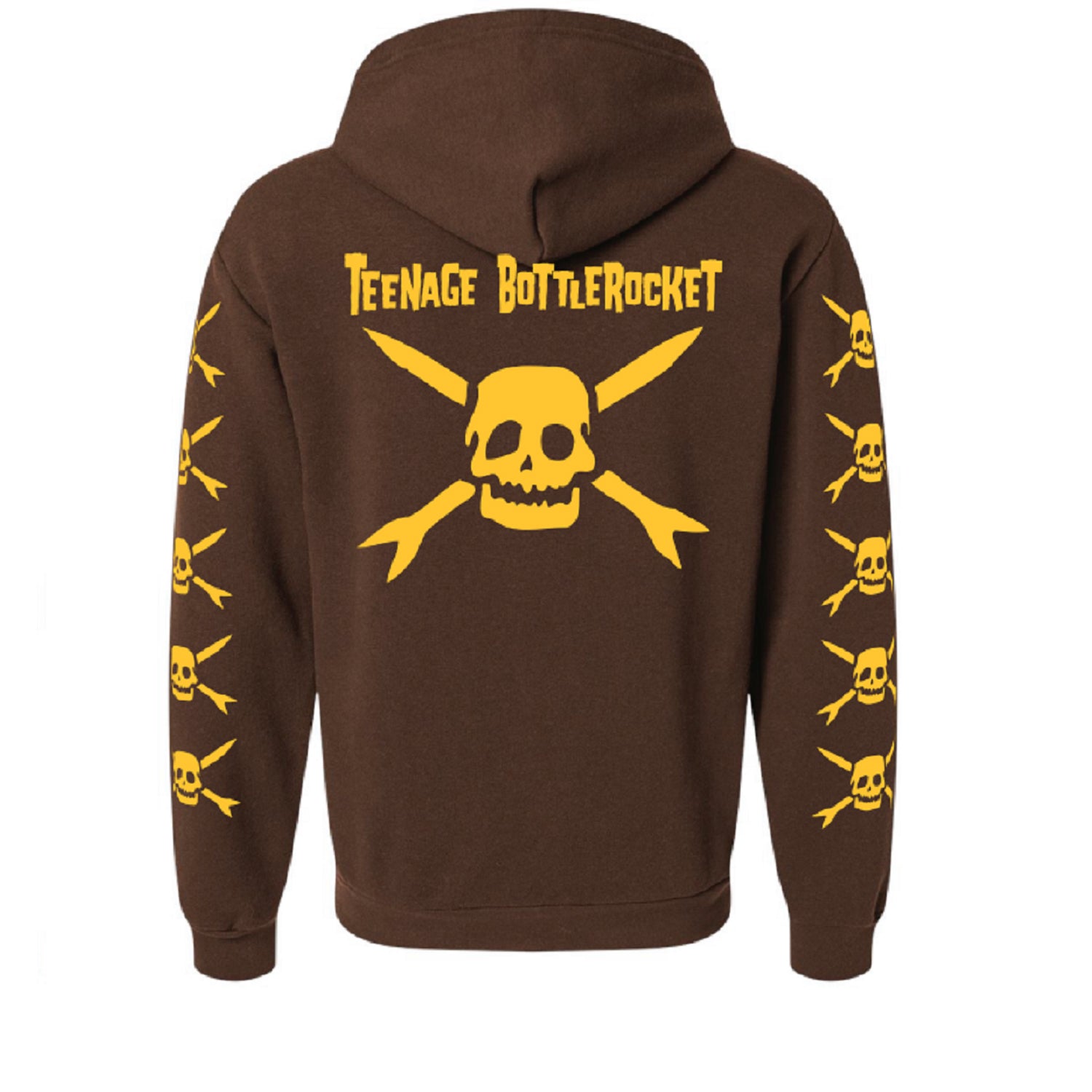 A brown Teenage Bottlerocket zip-up hoodie with yellow skull and crossed bottle rocket graphics on the back, band logo above, and repeating sleeve designs.